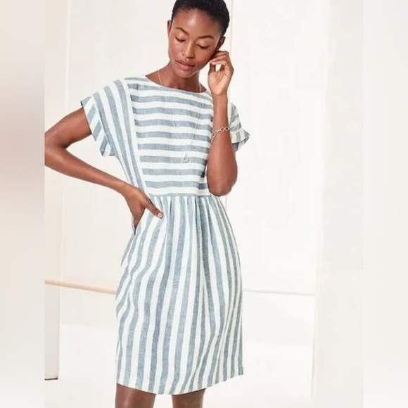 Garnet Hill Seamed Linen Popover Dress Striped White Blue Short Sleeve - Picture 1 of 7